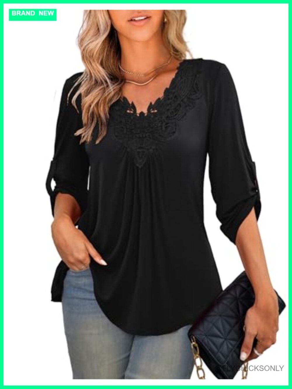Women's Plus Size Tunic Top Roll Sleeve V Neck Lace Blouse
